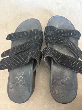 Vionic Black Triple-strap Embellished Slide Sandals